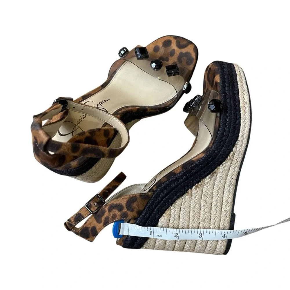 Jessica Simpson Leopard Espadrille Wedge Sandals Clear Strap Gem Studs Size 7
